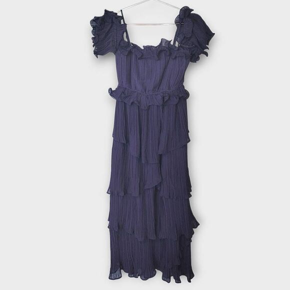 Just Me Womens Maxi Sz M Navy Off-Shoulder Ruffle Tiered Dress Gown Wedding Prom - Picture 2 of 16